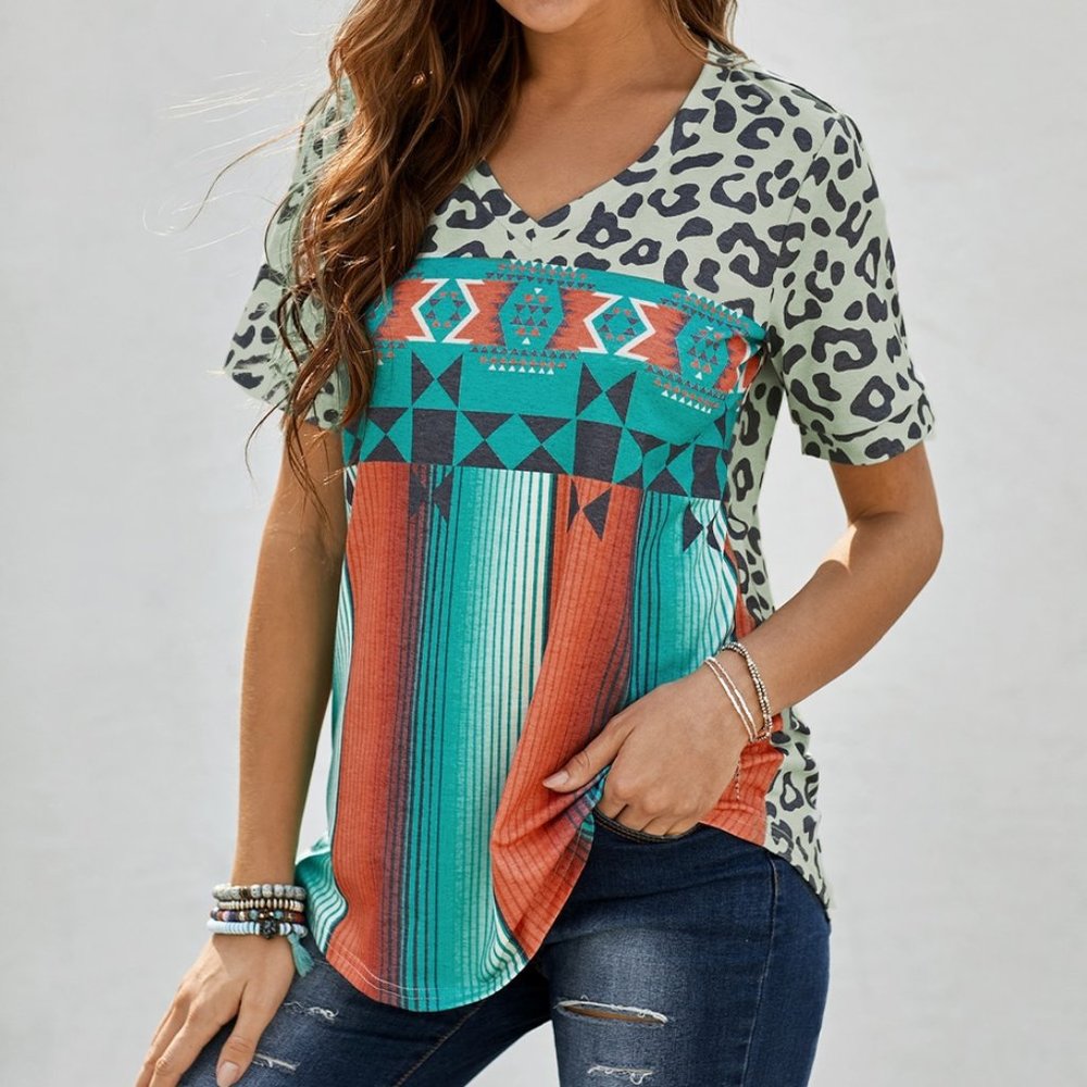 Leopard Serape Print V Neck T-shirt